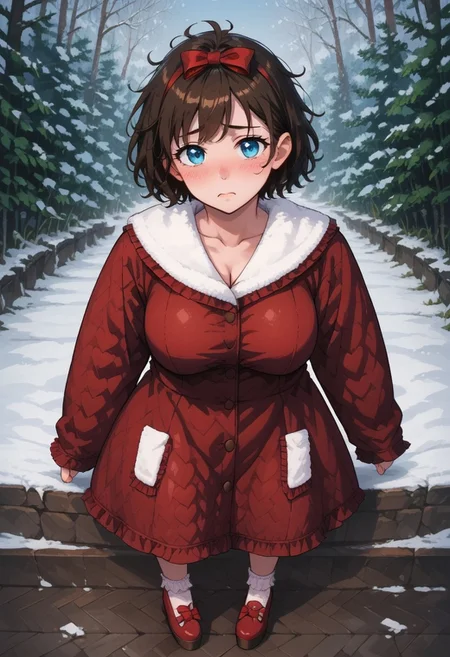 score_9, score_8_up, score_7_up, source anime,
masterpiece, best quality, detailed, amazing quality,
detailed background, winter, snow, winter forest,
detailed eyes, clean eyes,
dynamic pose, from above,
1woman, woman,
easynegative,
slutty_m3l0dy, pale skin, short hair, blue eyes, dark brown hair, messy hair, curvy, chubby, big breasts, bow, frilly, cute, headbow, ribbon, stockings, blushing, shy,
quilt_coat, red coat,