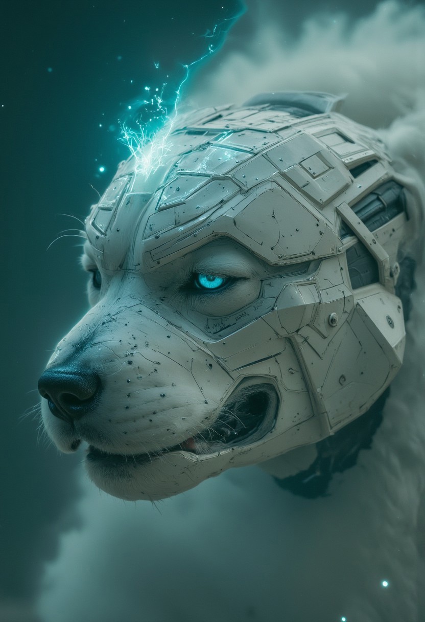 Old photo of an armored elysium war Drone bot resembling a Dog, Closeup, bleaked turquoise white ethereal, high contrast, Action Scene,