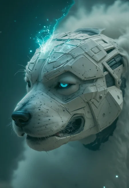 Old photo of an armored elysium war Drone bot resembling a Dog, Closeup, bleaked turquoise white ethereal, high contrast, Action Scene,