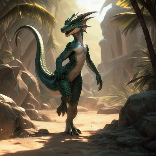 scalie, (female kobold:1.3), (detailed dark green scales:1.3), detailed scales, intricate scales, (flat chest:1.2), (nude), standing,  (detailed face), (detailed clear eyes:1.3),  claws, open mouth, grin, fangs:1.3,
dynamic pose, sexy pose, dancing,
by crestfallenartist, by qwertydragon, by ecmayor,
<lora:addmoredetails:0.2>
<lora:FurryCore:0.4>
<lora:Velociraptor_Dino:0.25>
<lora:dragon:0.2>
on the beach, sunshine,
(ambient light on the body),  Ray tracing,
(masterpiece,  8k, 4k, warm lighting, best quality, hi res, absurd res:1.3),
concept art, highly detailed, (hi res), ((masterpiece)), ((best quality)) , ultra realistic, 4k, (intricate:0.9), (high detail), film photography, cinematic composition,