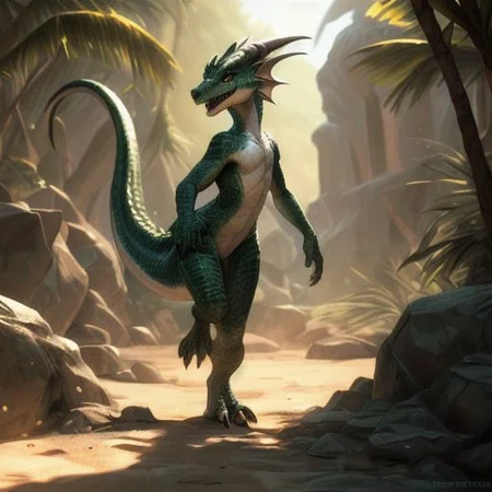 scalie, (female kobold:1.3), (detailed dark green scales:1.3), detailed scales, intricate scales, (flat chest:1.2), (nude), standing, (detailed face), (detailed clear eyes:1.3), claws, open mouth, grin, fangs:1.3,
dynamic pose, sexy pose, dancing,
by crestfallenartist, by qwertydragon, by ecmayor,
<lora:addmoredetails:0.2>
<lora:FurryCore:0.4>
<lora:Velociraptor_Dino:0.25>
<lora:dragon:0.2>
on the beach, sunshine,
(ambient light on the body), Ray tracing,
(masterpiece, 8k, 4k, warm lighting, best quality, hi res, absurd res:1.3),
concept art, highly detailed, (hi res), ((masterpiece)), ((best quality)) , ultra realistic, 4k, (intricate:0.9), (high detail), film photography, cinematic composition,