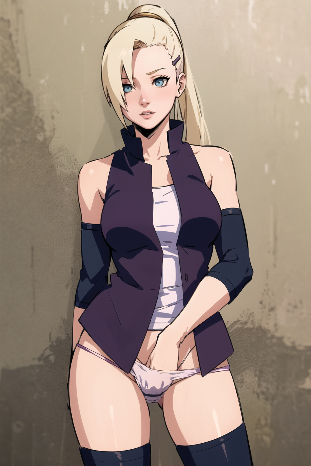 masterpiece, best quality,  hand in panties, 1girl,<lora:Hand in own panties1-000028:1>     <lora:naruto_inoyamanaka:1> yamanaka ino, hair over one eye, ponytail, hairclip,