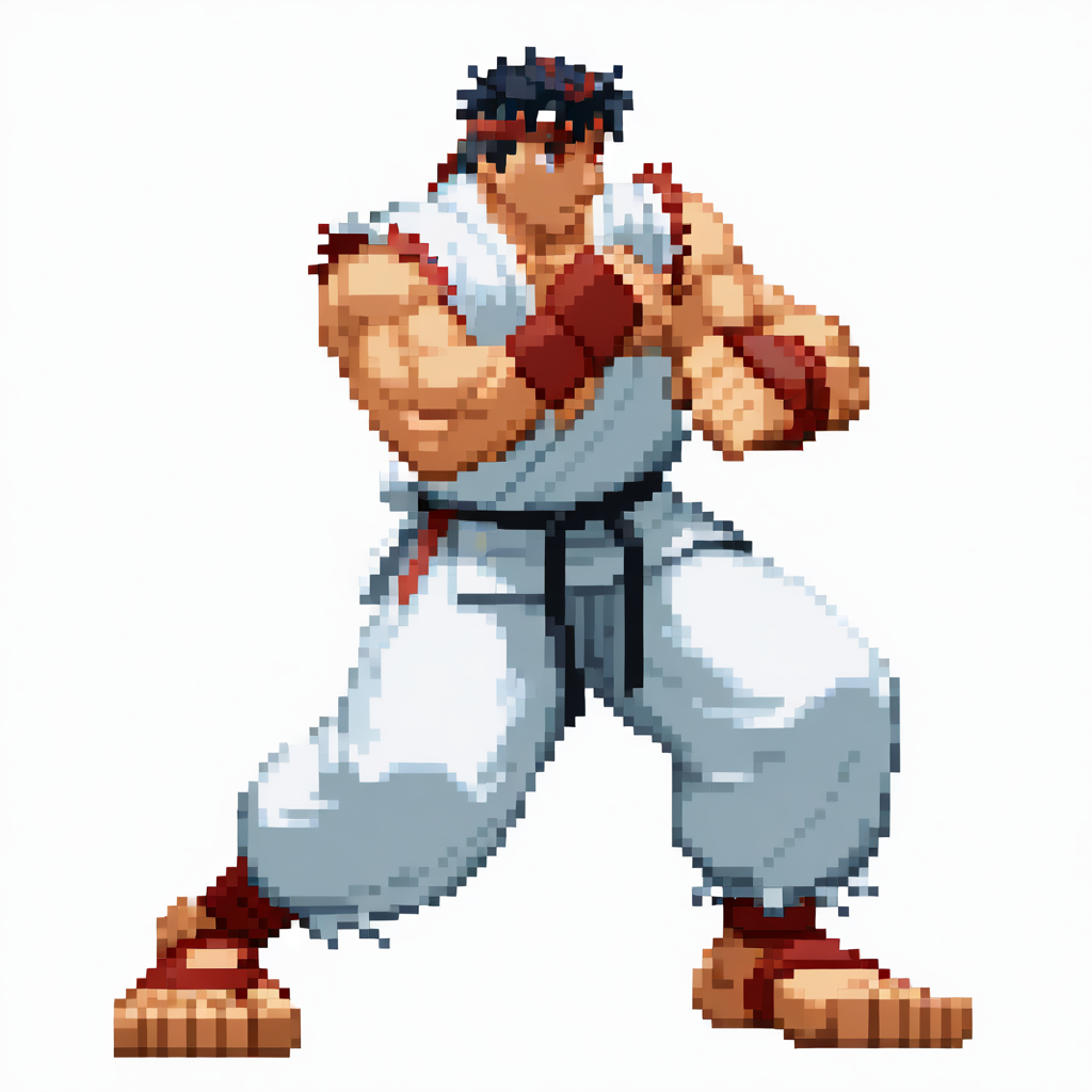 CapcomVsSnk,, white background,,
1boy, (ryu:1.1),, looking at away, dynamic pose, full body, fighting stance,
 <lora:ACapVSsnk_Style:1.2>,