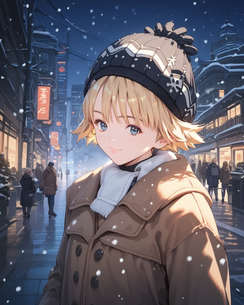 score_9, score_8_up, score_7_up, score_6_up, score_5_up, score_4_up, source_anime, screenshots, <lora:is_pony_v1_uo-000020:1> blonde hair, short hair, coat, beanie, snowing, upper body,ãlooking at viewer, light smile, city, night, mittens,