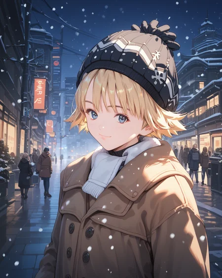 score_9, score_8_up, score_7_up, score_6_up, score_5_up, score_4_up, source_anime, screenshots, <lora:is_pony_v1_uo-000020:1> blonde hair, short hair, coat, beanie, snowing, upper body,ãlooking at viewer, light smile, city, night, mittens,