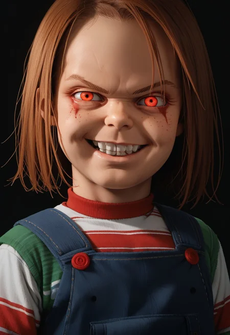 Score 9, score 8, score 7, 1boy, solo, Chucky, upper body, portrait, looking at viewer, smirk, simple background, teeth, dark theme, bloody face,