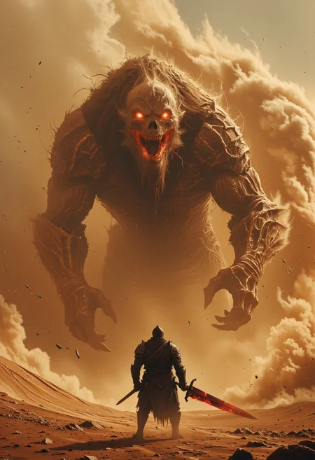 M100-style, bosstyle, Over-the-shoulder boss-style shot of a dark, menacing warrior standing against a colossal sandstorm-beast. The shot, from behind the warrior, showcases the cracked and shifting surface of his sand-formed armor, grains constantly moving as if alive. His twisted, jagged scimitar, formed from blackened obsidian and infused with glowing crimson veins, crackles with malevolent energy, casting an eerie red glow over his silhouette. The sword pulses with a dark, molten core of fire and sand, its light cutting through the thick haze of the swirling storm.
Ahead of him, towering within the sandstorm, the sand-beast boss emerges. Its enormous body is composed of fierce, shifting dunes and skeletal remains of long-buried creatures, twisting and reshaping constantly. glow faintly with an ancient, cursed power. The creature’s hollow eyes glow with a deep, ominous orange.
The battlefield is a storm of swirling sands and violent wind, the air thick with the howl of the storm. Massive gusts carry debris and bones, filling the air with a deafening roar. As the sandstorm intensifies, the beast lets out a guttural roar, sending shockwaves through the dunes. Over the warrior’s shoulder, his blade crackles with deadly energy, his stance unwavering as he prepares to face the enormous beast. The scene is a clash of titanic forces, set in the heart of a ravaging desert storm, with the battle teetering on the edge of an apocalyptic showdown.