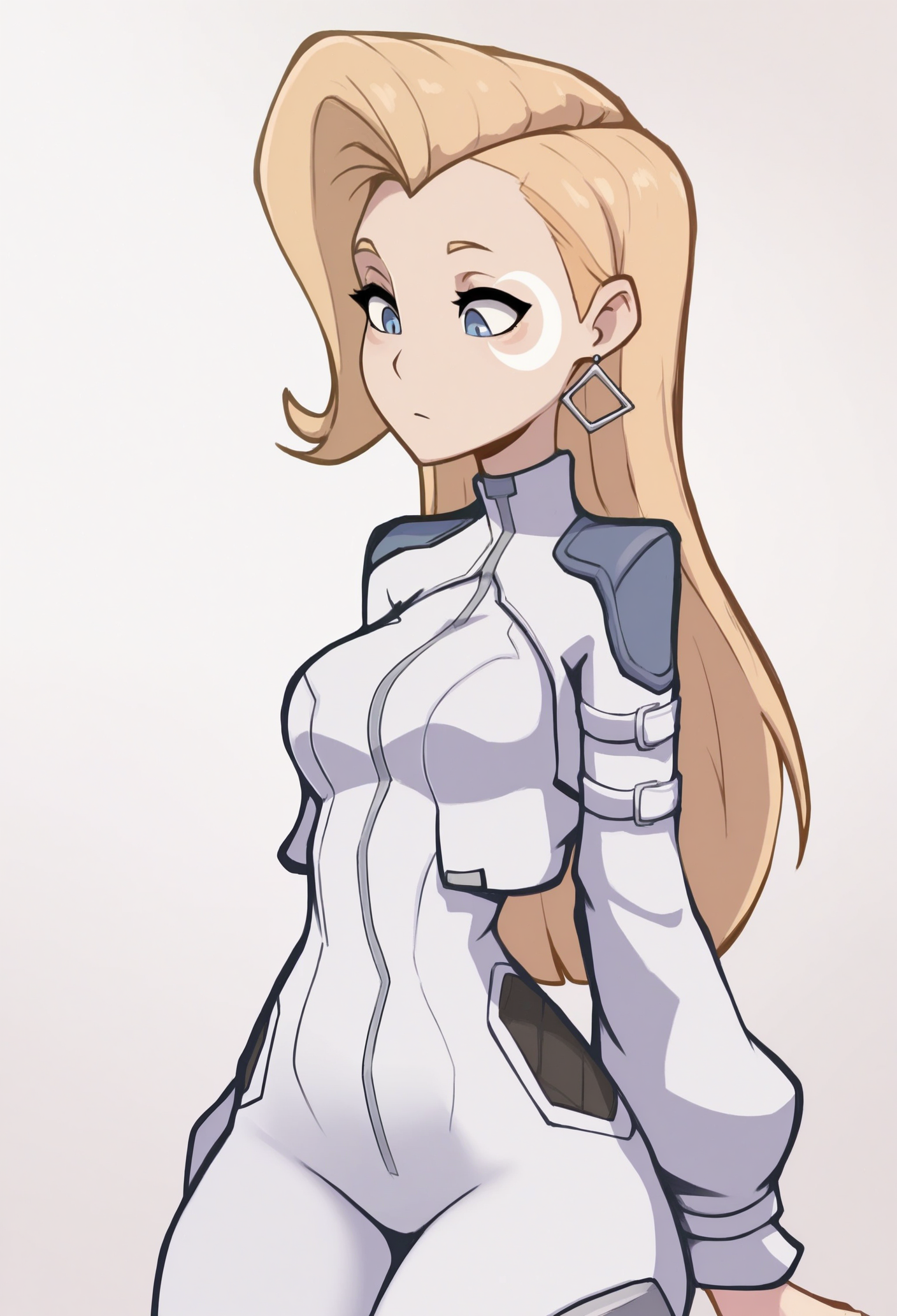 1girl, solo, 
blonde hair, long hair, asymmetrical hair, crescent facial mark, blue eyes, earrings, white bodysuit, long sleeves, cropped jacket, white jacket, skin tight, 
masterpiece, best quality, <lora:deponia-guy90-Illustrious-LoraV1:1>, ainped, <lora:daggerMR-guy90-Illust-LoraV101:1>, reggad