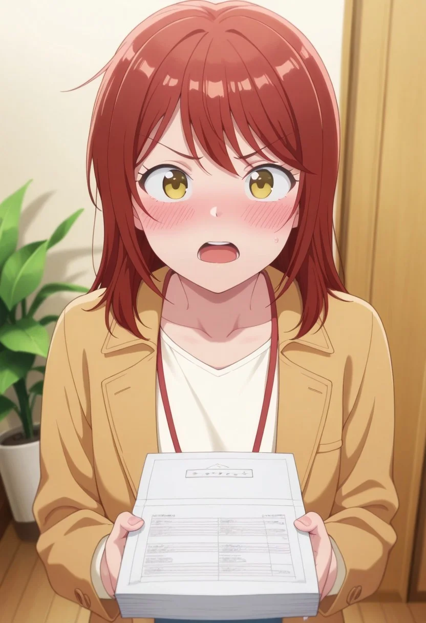 masterpiece,best quality,amazing quality, mitsuya yui, red hair, yellow eyes, long hair, 1girl, solo, open mouth, indoors, blush, looking at viewer, holding, jacket, collarbone, plant