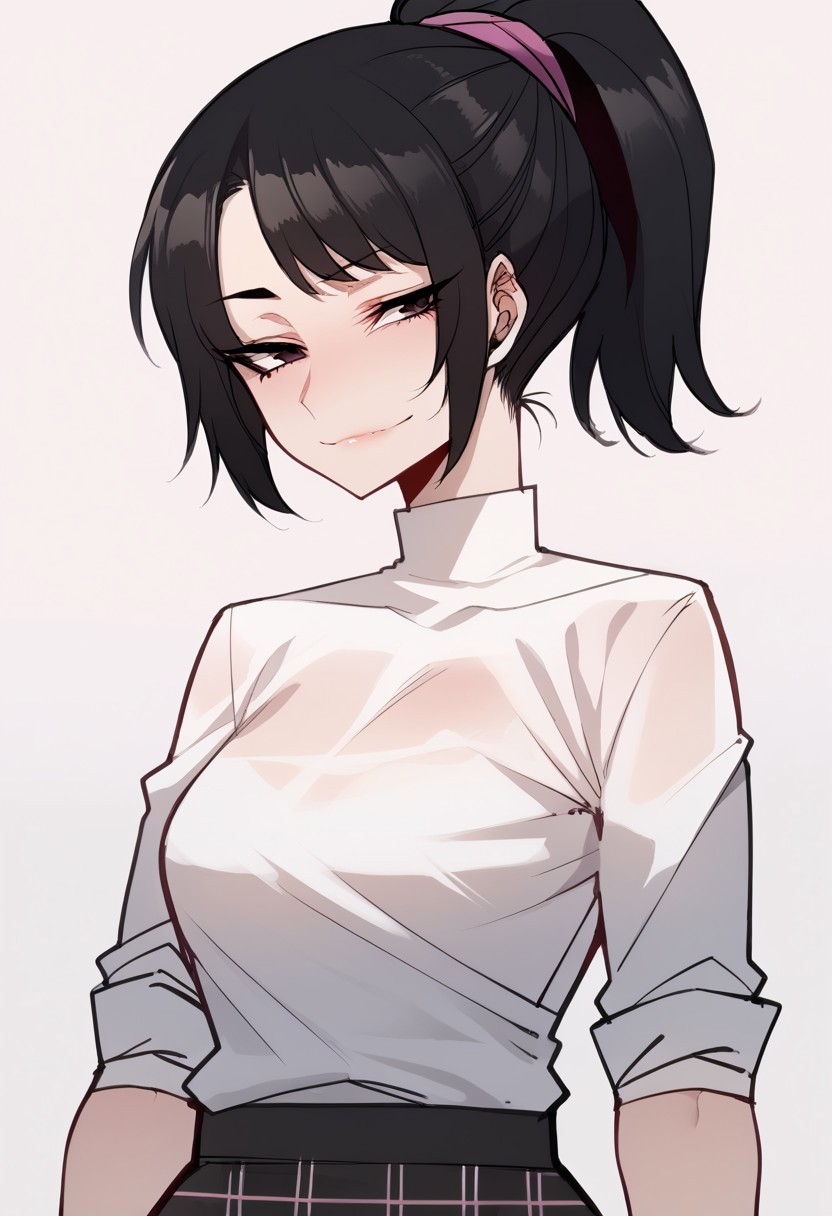 score_9, score_8_up, rating_explicit, 1 girl detailed,    absurdres, extreme_quality,1 girl,     adult woman, picture of 1 woman,  upper body focus, upper body,   5 fingers,  looking at viewer,  smug expression,  shihop5, black hair, ponytail, shirt, plaid skirt, bike shorts, asymmetrical legwear, white shirt, dark brown eyes,