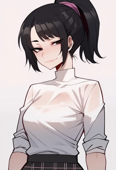 score_9, score_8_up, rating_explicit, 1 girl detailed, absurdres, extreme_quality,1 girl, adult woman, picture of 1 woman, upper body focus, upper body, 5 fingers, looking at viewer, smug expression, shihop5, black hair, ponytail, shirt, plaid skirt, bike shorts, asymmetrical legwear, white shirt, dark brown eyes,