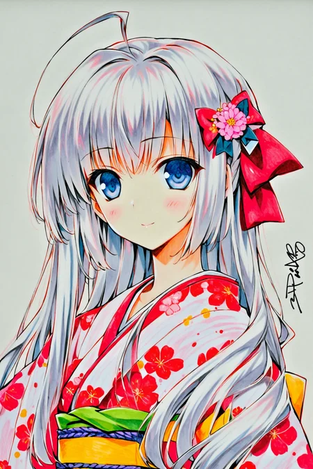 1girl,solo,japanese clothes,kimono,hair ornament,long hair,traditional media,smile,ahoge,looking at viewer,sash,blue eyes,white hair,flower,obi,white background,hair bow,bow,upper body,signature,<lora:Suzuhira Hiro_XL:0.8>,