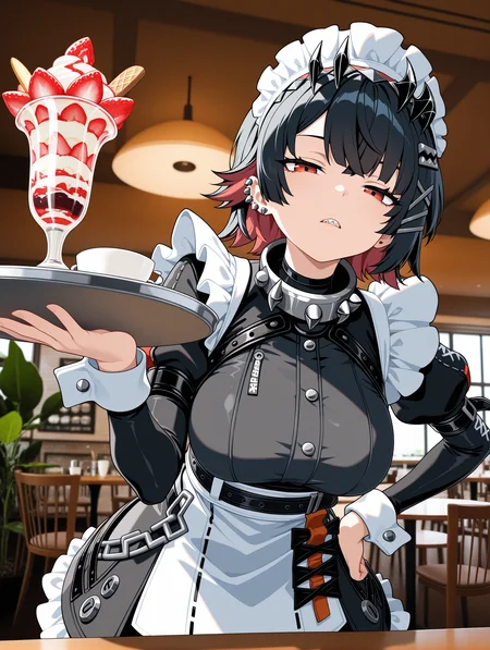 blurry background, mixed media, photo background, BREAK indoors,cafe, table, chair, plant, window, BREAK 1girl, solo, zenless zone zero, ellen joe, bored, upper body, maid, hand on own hip, holding tray, parfait, parted lips, sharp teeth, half-closed eyes, red eyes, ear piercing, leaning_forward, foreshortening, from below
,masterpiece,best quality,amazing quality,