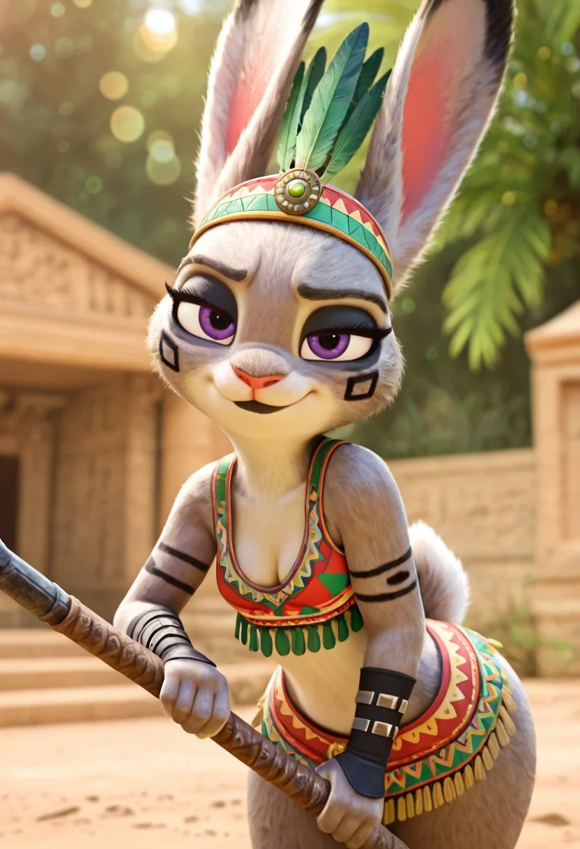 masterpiece, best quality, absurdres, highres, high quality, highly detailed, amazing quality, detailed background, 3d, photorealistic, (bokeh:1.3), official art, Hoovesart, 3d, gloss_(hotglossed), 
solo, (shortstack:1.5), JudyHopps ((ultra-detailed body, ultra-detailed fur:1.5)), solo, furry female, rabbit girl, rabbit ears, , ,solo,furry female,rabbit girl,rabbit ears,purple eyes,animal nose,body fur,two-tone fur,grey fur,white fur,rabbit tail, small breasts, wide hips, black eyeshadow, black lipstick, two-tone fur, grey fur, white fur, rabbit tail, close-up, cowboy shot, lidded eyes, sultry
headdress, facepaint, long eyelashes, bodypaint, feathers, mexican clothes, , , , three-quarter view, standing, bent over, holding weapon, leaning against weapon, cleavage, smirk, looking at viewer, , , , outdoors, Mesoamerican jungle, temple, hot and humid climate, aztec, macuahuitl, well-lit, fill light, (close-up:1.5), closeup,