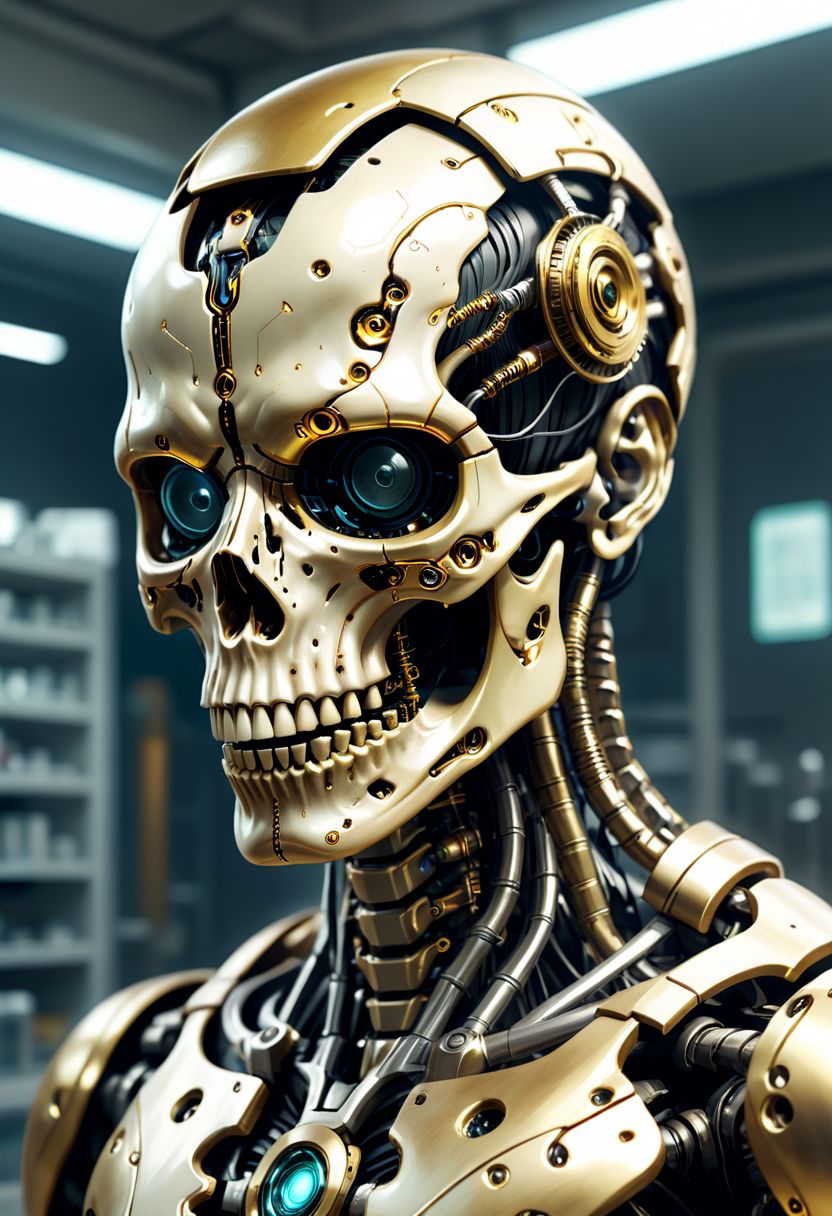 gold tribal warpaint tattoos on skull, Cyberpunk,sci-fi,dark-fantasy,kodak portrait 400,8k,soft light,volumetric lighting,highly detailed,britt marling style 3/4,portrait photo of a war man cyborg robot in a chemical laboratory + face,face is skullbone, intricate,elegant,highly detailed,white and gold,2D motifs detailed dark fantasy digital painting,artstation,concept art,smooth,sharp focus,illustration. Cosmic light in backfront,