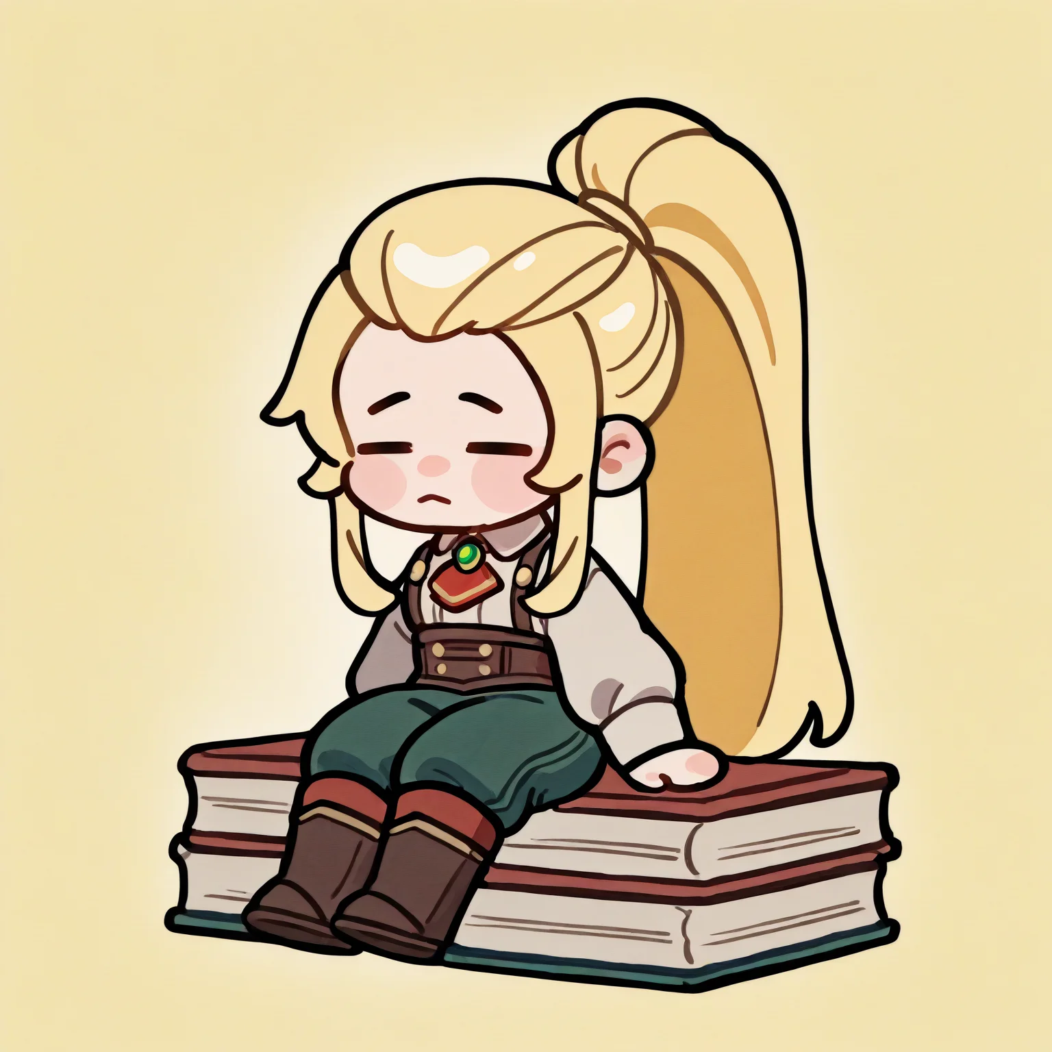 masterpiece, best quality, newest, absurdres, highres, 1girl, solo, chibi, = =, sitting, <lora:JadeFE-illu:1> csJade, blonde hair, long hair, high ponytail, sidelocks, collared shirt, white shirt, long sleeves, green brooch, red ascot, suspenders, brown corset, green pants, knee boots, book stack, yellow background