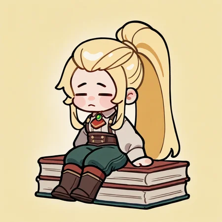 masterpiece, best quality, newest, absurdres, highres, 1girl, solo, chibi, = =, sitting, <lora:JadeFE-illu:1> csJade, blonde hair, long hair, high ponytail, sidelocks, collared shirt, white shirt, long sleeves, green brooch, red ascot, suspenders, brown corset, green pants, knee boots, book stack, yellow background