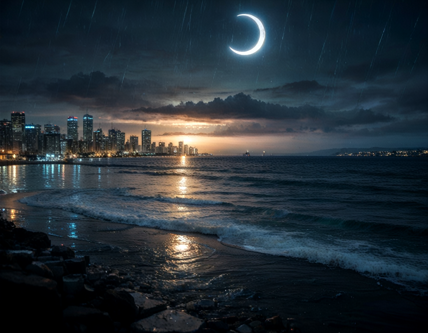 (real life,  score_7_up, score_8_up, score_9_up, detailed beautiful urban city landscape, bloom, volumetric lighting,  <lora:Blue_Scene:0.78> bluescene, rain, wet, night, silhouette, ocean, crescent moon, depth of field,