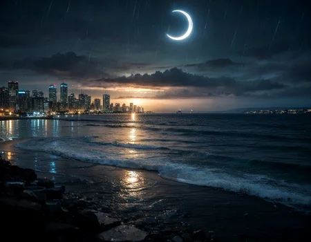 (real life, score_7_up, score_8_up, score_9_up, detailed beautiful urban city landscape, bloom, volumetric lighting, <lora:Blue_Scene:0.78> bluescene, rain, wet, night, silhouette, ocean, crescent moon, depth of field,
