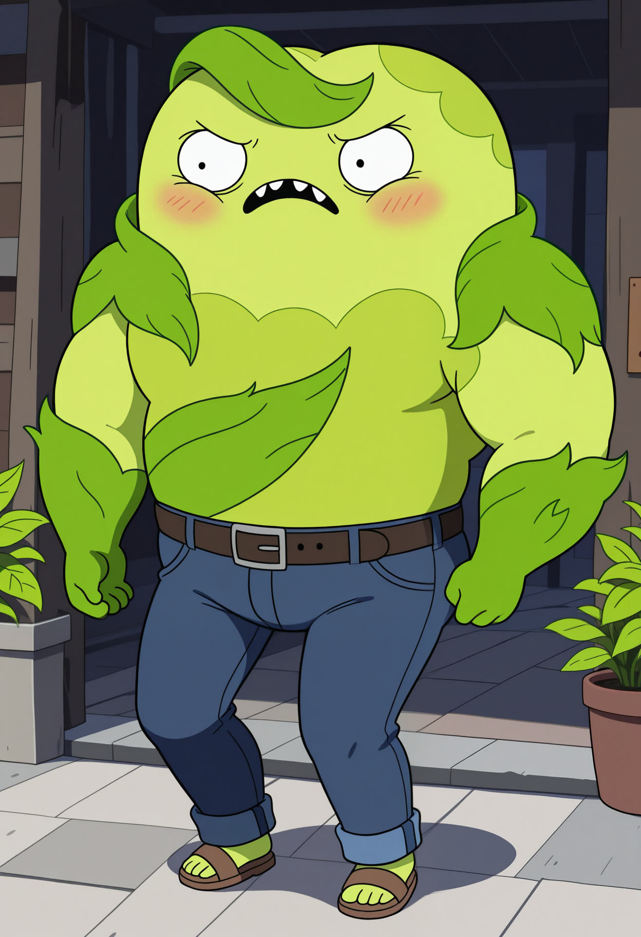 masterpiece,best quality,amazing quality, 1boy, solo, d0nny, plant boy, jeans, belt, sandals, green skin, full body, outdoor,