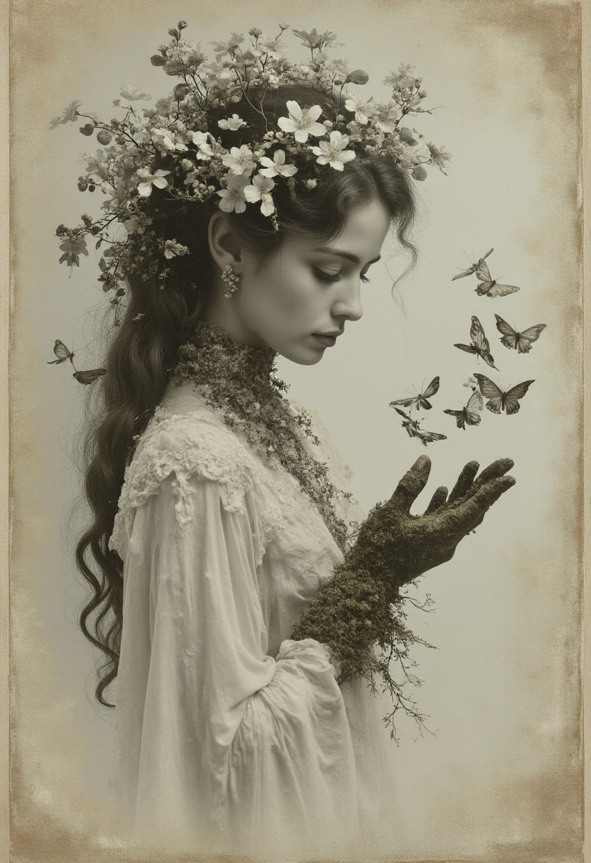 yfg-v1nt, A captivating black and white painting of a dreamy female figure, adorned with delicate white flowers and her cascading moss hair intertwined with small flowers. She gently releases butterflies from her hand, which is covered in soft, mossy texture. The background is a rich, textured canvas with soft brush strokes and light pastel tones, creating a surreal and ethereal atmosphere. This artwork combines fashion and fine art elements in a unique and visually striking manner. painting, fashion