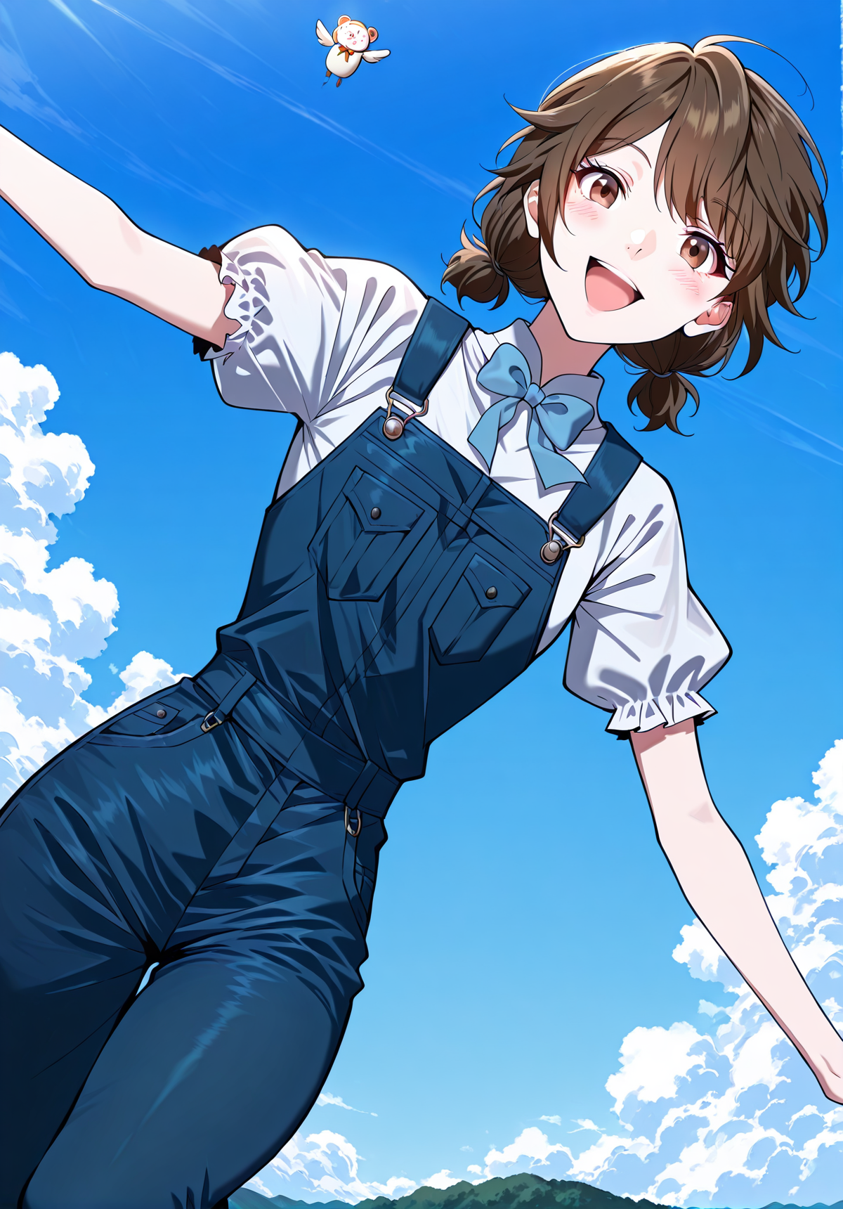 <lora:Eleanor_Leywin__The_Beginning_After_the_End__Illustrious:1>
1 girl, solo, brown hair, brown eyes, bangs
blue bowtie, white shirt, puffy sleeves, short sleeves, low ponytail, short twintails, short hair, blue overalls
score_9, score_8_up, score_7_up, very aesthetic, source_anime, detailed, high quality, beautiful, masterpiece, detailed eyes, highres, best quality, masterpiece, highres, best quality, masterpiece, outdoors, looking at viewer, blush, smile, floating, blue sky, midair, open mouth, spread arms, <lora:iLLMythG0thicL1nes:1>
