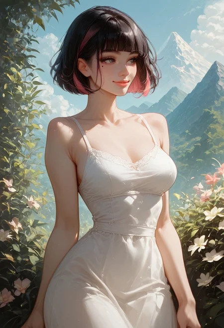 score_9, score_8_up, score_7_up, score_6_up, score_5_up, score_4_up, Sarah, SarahRH, Expressiveh, detailed, short black hair, bob cut, straight hair, blunt bangs, dyed bangs (pink), (pink) streaked hair, dark eyes, cute face, beautiful lips, medium breasts, curvy, large hips, pale skin, mole under her eye, outdoors, (white) sundress, windy, looking away, little smile, pensive, mountains background, aesthetic, cowboy shot, Dutch angle