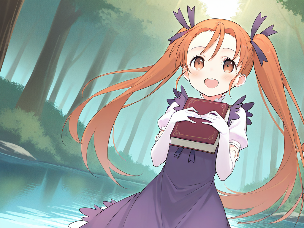 masterpiece, best quality, good quality, <lora:Aliese_Martini_IS:1> Aliese_Martini, 1girl, solo, twintails, long hair, brown eyes, hair ribbon, orange hair, brown hair, short stack,
1girl, solo, gloves, book, elbow gloves, blush, smile, open mouth, ribbon, outdoors, white gloves, :d purple dress,
forest, water,