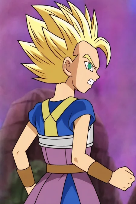 source_anime, score_9, official style, anime screencap,
cabba, super saiyan 2 , blonde hair, green eyes, spiked hair, (aura), smoke, electricity, looking back, from behind, arms by side, looking at viewer,
solo,1boy, male focus, collarbone, cowboy shot, clenched hands, shouting, angry,
blue shirt, short sleeves, saiyan armor, purple tunic, brown belt, blue shorts,
v-shaped eyebrows, v-shaped eyes, blurry background, rock, purple sky
<lora:cabba_pony_v1:0.8>