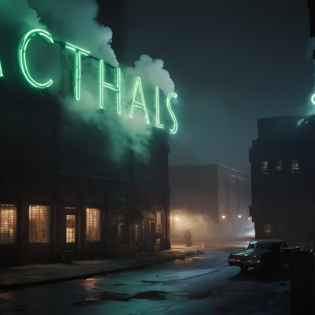 cinematic film still of  <lora:perfection style:0.6>
 <lora:gotham city style v2:0.8>
 <lora:Chiaroscuro Lighting Style:0.6>
Gotham City a factory with smoke coming out of it and a green neon sign says ace chemicals Gotham City Style,outdoors,tree,no humans,night,building,scenery,smoke,city,sign,road,dark,lamppost,street,lights,neon lights , detailed, real, different, unique, cinematic, dramatic, concept art, filmic, detailed background, detailed settings, artstation, gothic New York, gotham city style, shallow depth of field, vignette, highly detailed, high budget, bokeh, cinemascope, moody, epic, gorgeous, film grain, grainy