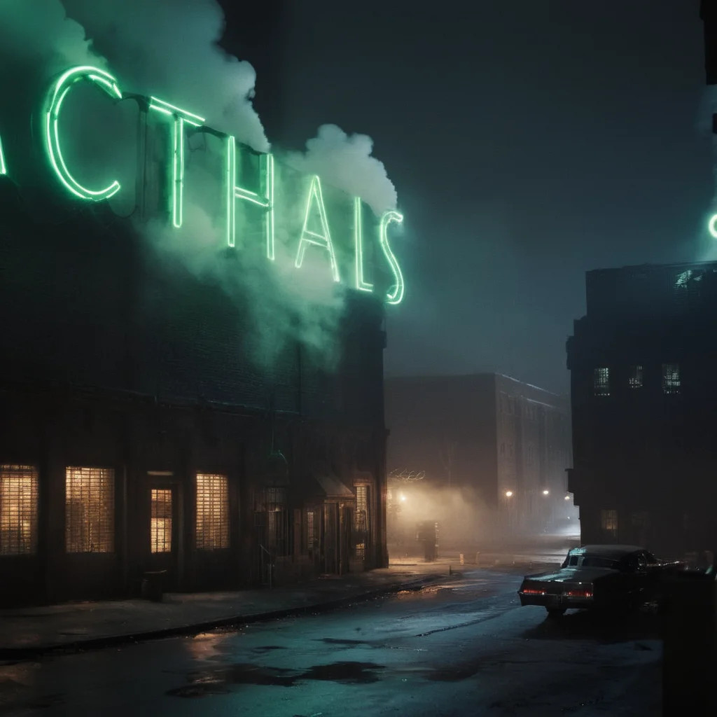 cinematic film still of <lora:perfection style:0.6>
<lora:gotham city style v2:0.8>
<lora:Chiaroscuro Lighting Style:0.6>
Gotham City a factory with smoke coming out of it and a green neon sign says ace chemicals Gotham City Style,outdoors,tree,no humans,night,building,scenery,smoke,city,sign,road,dark,lamppost,street,lights,neon lights , detailed, real, different, unique, cinematic, dramatic, concept art, filmic, detailed background, detailed settings, artstation, gothic New York, gotham city style, shallow depth of field, vignette, highly detailed, high budget, bokeh, cinemascope, moody, epic, gorgeous, film grain, grainy