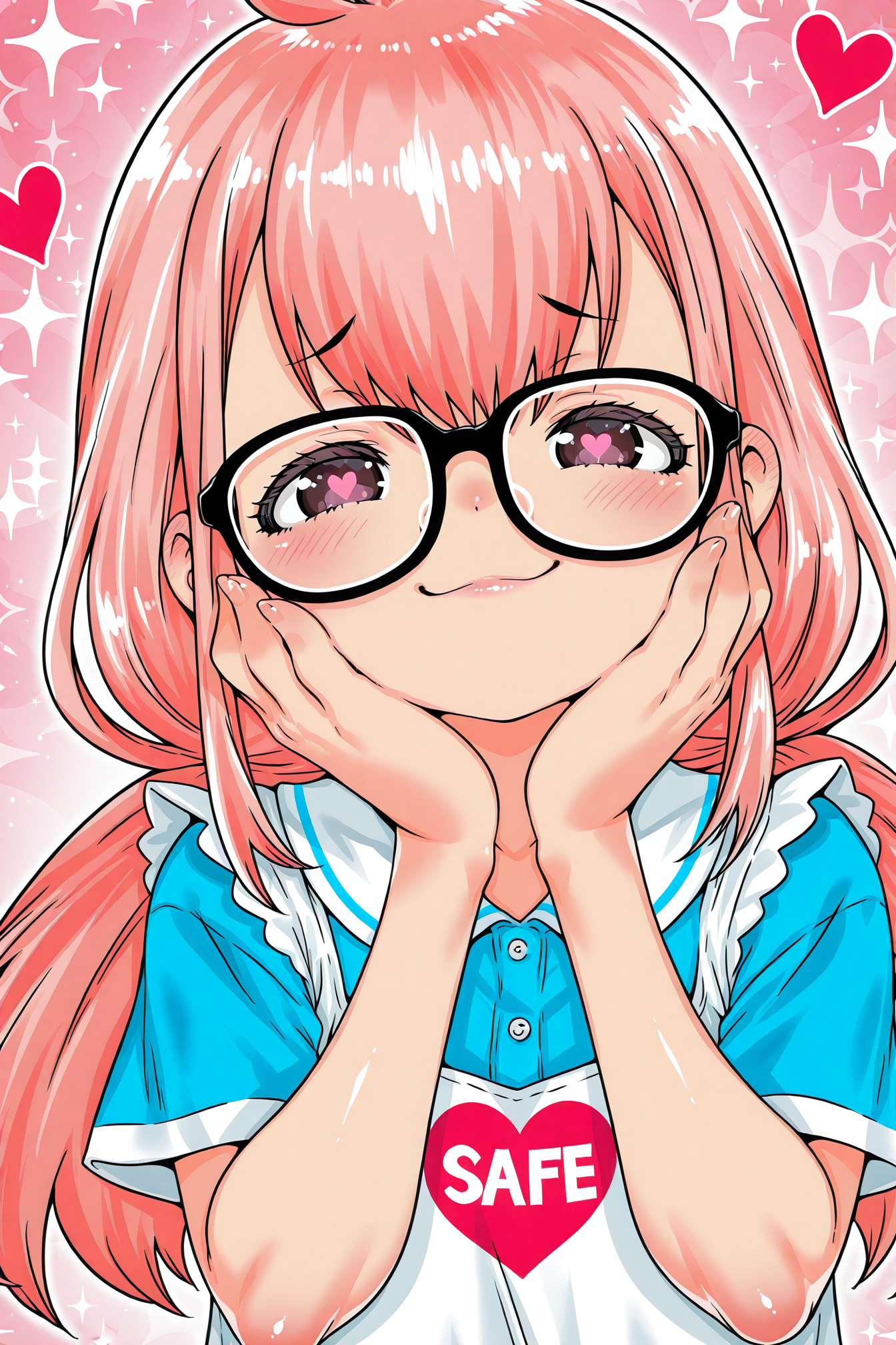 detailed background, shiny skin, posing,
safe, general, 
heart, bloom, glitter, sparkle, 
<lora:mdoh.il:1>,
mdoh,
lojisanaaa, pink hair, 
upper body, happy, looking at viewer, 
short sleeves, smug, half-closed eyes,