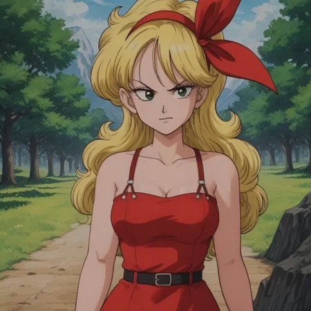 Outdoors, trees, blue sky, mountains,
launch bad, blonde hair, long hair, curly hair, green eyes, red dress, fierce look,
