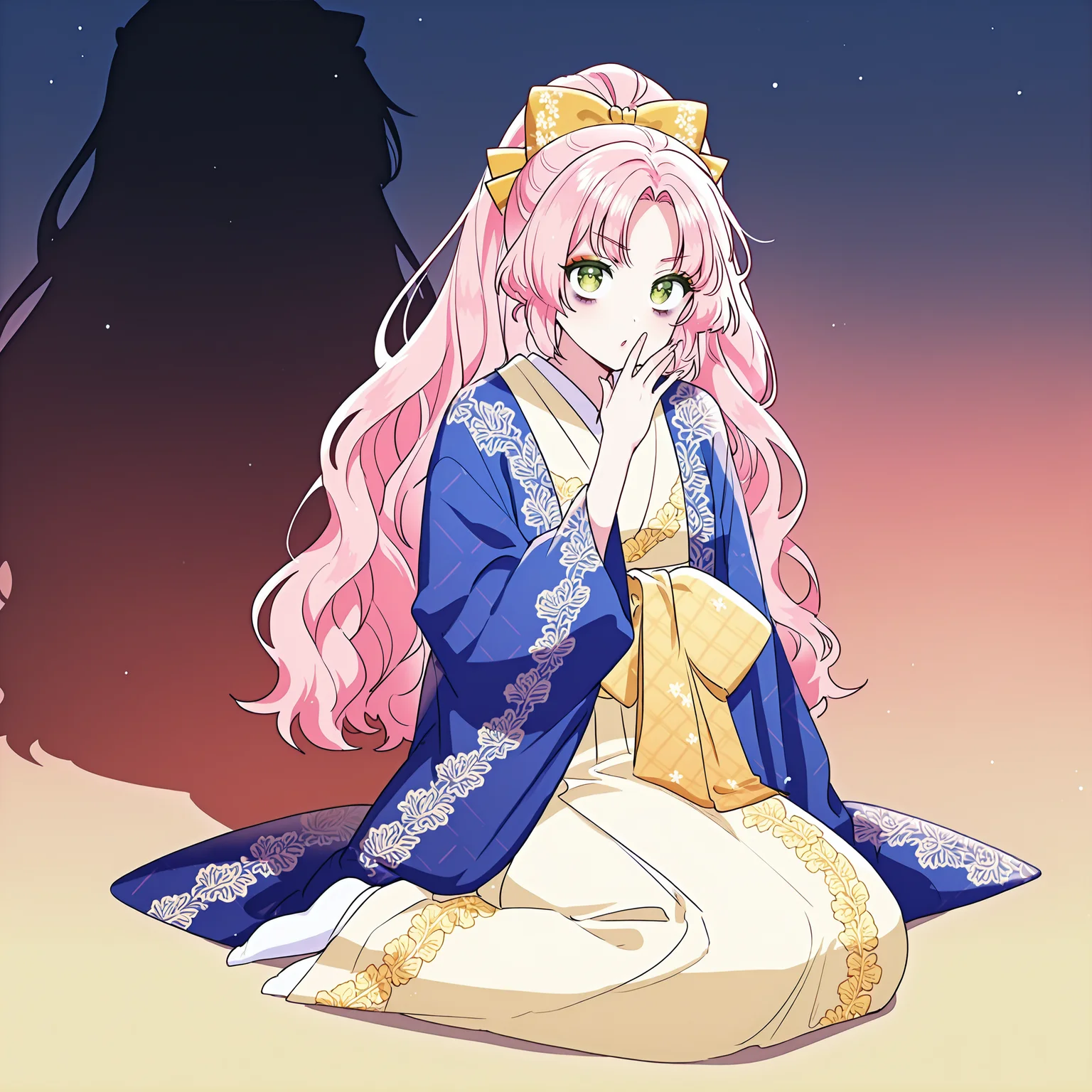 (masterpiece), (best quality), (ultra-detailed), (best illustration), (best shadow), (absurdres), (detailed background), (very aesthetic), 1girl, solo,, <lora:Kiana_Frellai:1>, frellai, pink hair, emerald eyes, long hair, bangs, ponytail, twintails, short hair, bags under eyes, <lora:oiran_illustrious_V1.0:1>, oiran, hair ornament, japanese clothes, kimono, floral print, kanzashi, makeup, full body, sitting on floor, gradient background, looking at viewer, yawn