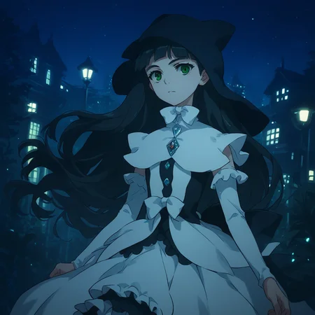 anime coloring, score_9, score_8_up, score_7_up, score_6_up, jane elves, toaru, 1girl, dark, green eyes, night, long hair, black hair, hat, bow, caplet, frilly dress