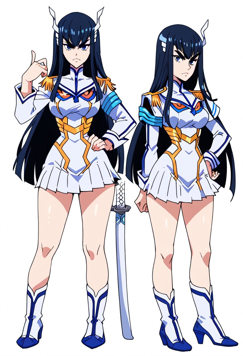 score_9, score_8_up, score_7_up, score_6_up, simple background, character sheet, looking at viewer, full body, 1girl, solo, character sheet, reference sheet, screencap ,MirandaPXL,1girl, solo, Kiryuuin Satsuki, long hair, blue eyes, white uniform, kuudere, cute, indoors, big breasts, seductive, thighs, legs, wide hips, one hand in hip, one hand with a katana