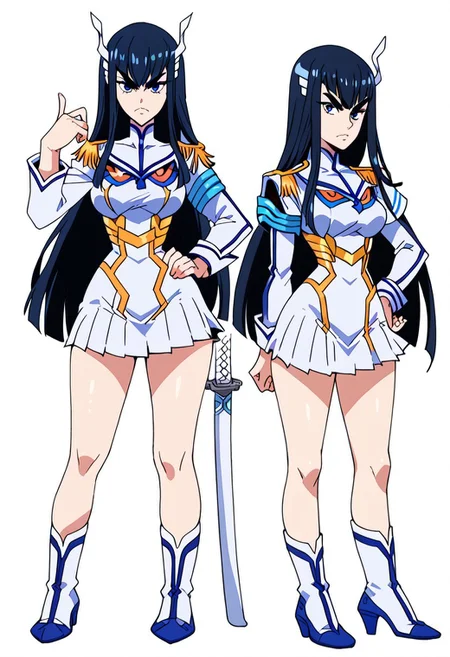 score_9, score_8_up, score_7_up, score_6_up, simple background, character sheet, looking at viewer, full body, 1girl, solo, character sheet, reference sheet, screencap ,MirandaPXL,1girl, solo, Kiryuuin Satsuki, long hair, blue eyes, white uniform, kuudere, cute, indoors, big breasts, seductive, thighs, legs, wide hips, one hand in hip, one hand with a katana