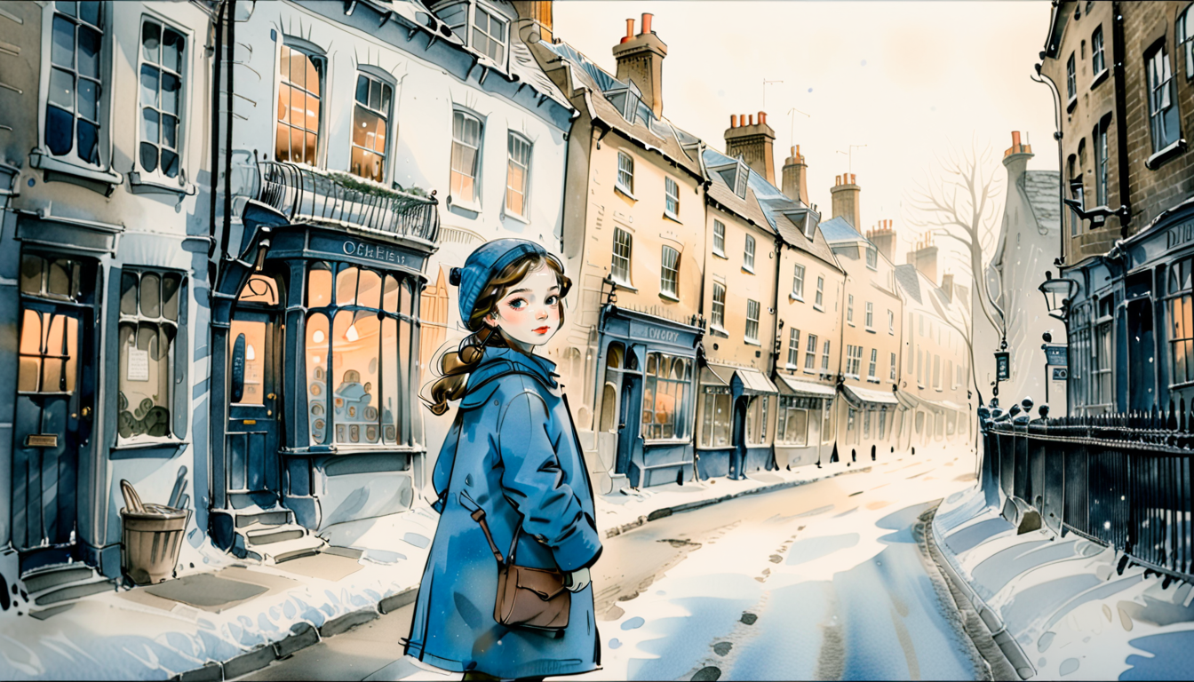 Clip L ink wash painting,Create an 8k, highly detailed, cinematic masterpiece in the style of watercolor painting, featuring a charming children's book-inspired illustration of a young girl standing alone on a snow-covered street in old-fashioned London during winter, with soft, natural light illuminating her bright blue coat and warm smile.clip Gink wash painting,Create an 8k, highly detailed, cinematic masterpiece in the style of watercolor painting, featuring a charming children's book-inspired illustration of a young girl standing alone on a snow-covered street in old-fashioned London during winter, with soft, natural light illuminating her bright blue coat and warm smile.