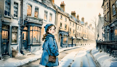 Clip L ink wash painting,Create an 8k, highly detailed, cinematic masterpiece in the style of watercolor painting, featuring a charming children's book-inspired illustration of a young girl standing alone on a snow-covered street in old-fashioned London during winter, with soft, natural light illuminating her bright blue coat and warm smile.clip Gink wash painting,Create an 8k, highly detailed, cinematic masterpiece in the style of watercolor painting, featuring a charming children's book-inspired illustration of a young girl standing alone on a snow-covered street in old-fashioned London during winter, with soft, natural light illuminating her bright blue coat and warm smile.