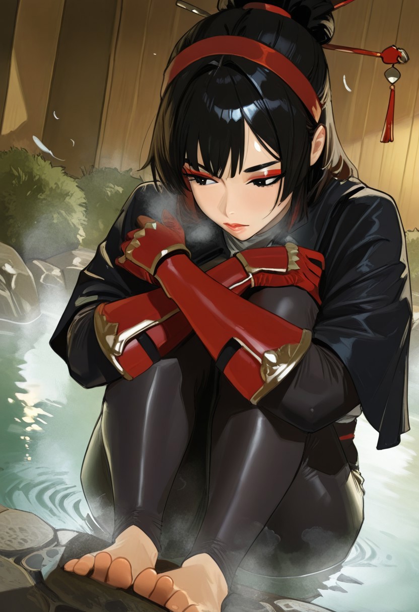 hintobento,  outdoors, undershirt, falling feathers, black bodysuit, hair stick, hugging knees, knees to chest, gauntlets, eyeshadow, red gloves, two sides up, black capelet, red hairband, black eyes, 1girl, solo, feet, visible breath, dynamic angle, foreshortening, smell, steam, onsen, water