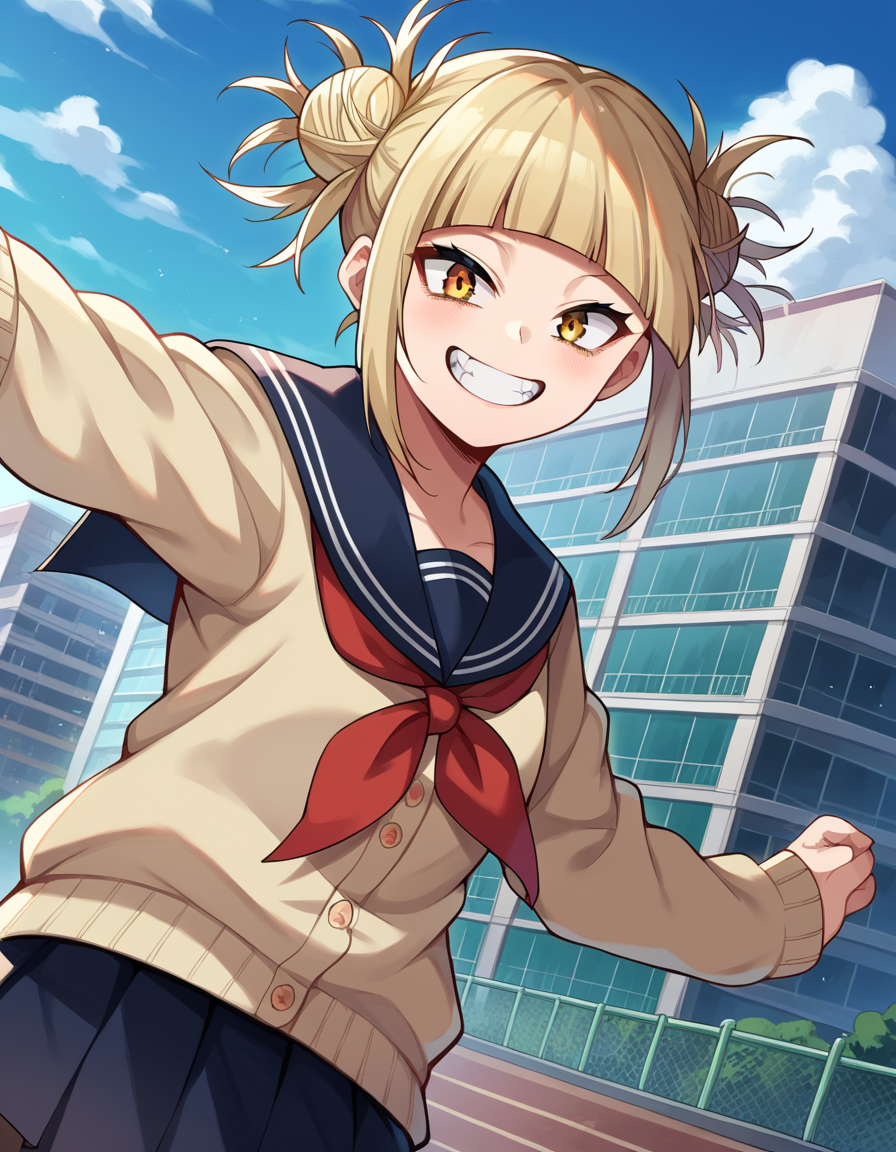 score_9, score_8_up, score_7_up, source_anime,
himikotoga, <lora:himiko-toga-ponyxl-lora-nochekaiser:1>,
himiko toga, bangs, blonde hair, yellow eyes, blunt bangs, hair bun, double bun, messy hair, smile, grin,
skirt, long sleeves, school uniform, pleated skirt, shoes, serafuku, socks, sailor collar, blue skirt, neckerchief, kneehighs, brown footwear, cardigan, black socks, loafers, red neckerchief, yellow cardigan,
outdoors, cityscape,
looking at viewer, cowboy shot, dutch angle, dynamic pose,