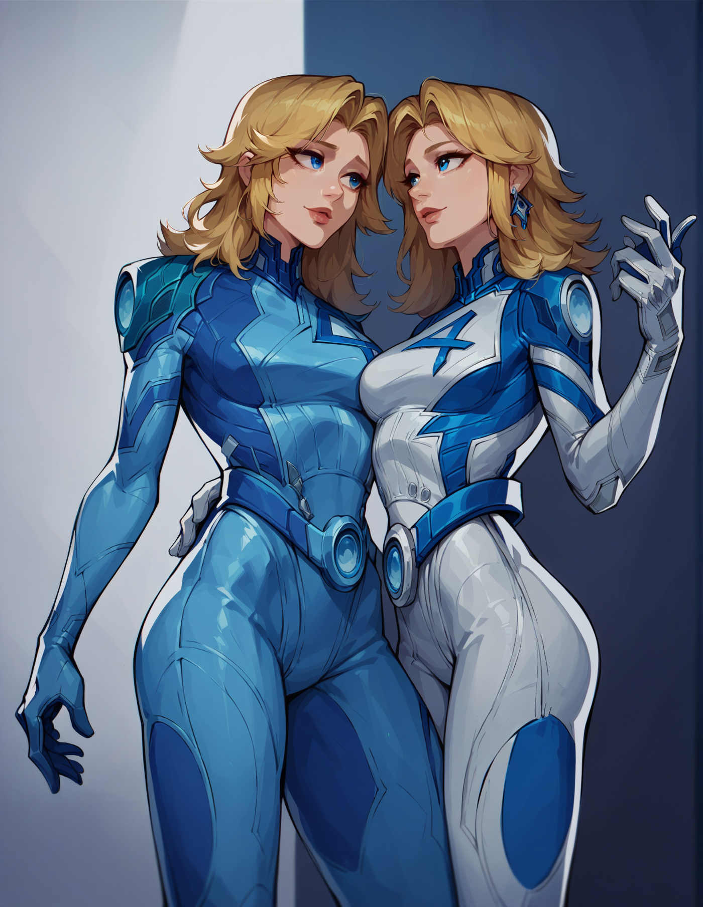 2girls, side by side, bodysuit, difent color clothes, blue eyes, blonde hair<lora:Invisible_Woman_-_Marvel_Rivals:1> sue_storm, score_9, score_8_up, score_7_up, score_6_up, 2d, digital art, masterpiece <lora:Expressive_H:0.4> expressiveh <lora:princess_xl_v2:0.3> <lora:g0th1c2XLP:0.3> g0th1c