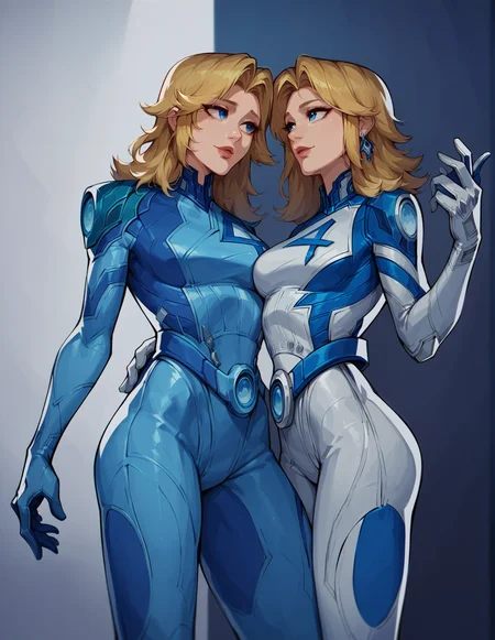 2girls, side by side, bodysuit, difent color clothes, blue eyes, blonde hair<lora:Invisible_Woman_-_Marvel_Rivals:1> sue_storm, score_9, score_8_up, score_7_up, score_6_up, 2d, digital art, masterpiece <lora:Expressive_H:0.4> expressiveh <lora:princess_xl_v2:0.3> <lora:g0th1c2XLP:0.3> g0th1c