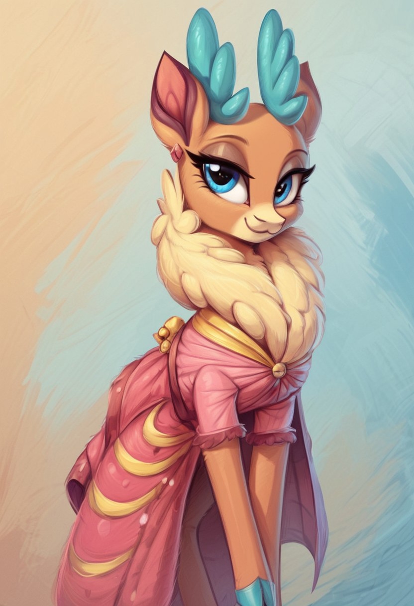 safe_pos, score_9, score_8_up, score_7_up, score_6_up, score_5_up, score_4_up, my little pony, ((feral pony)),velvet_fherds, reindeer, reindeer_girl, feral, velvet_fherds, no humans, reindeer_girl, blue eyes, solo, full body, smile, standing, closed mouth, blue background, simple background, feral,1girl, ((solo)), (sexy), beautiful, detailed, (detailed cute pony face), detailed eyes, detailed fur, detailed hooves, beautiful, vector, flat colors, (beautiful long eyelashes), (beautiful hooves), (abstract background:1.8), (looking at you, looking at viewer:1.5), smile, happy, close-up, upper view, pink dress, short sleeves, solo