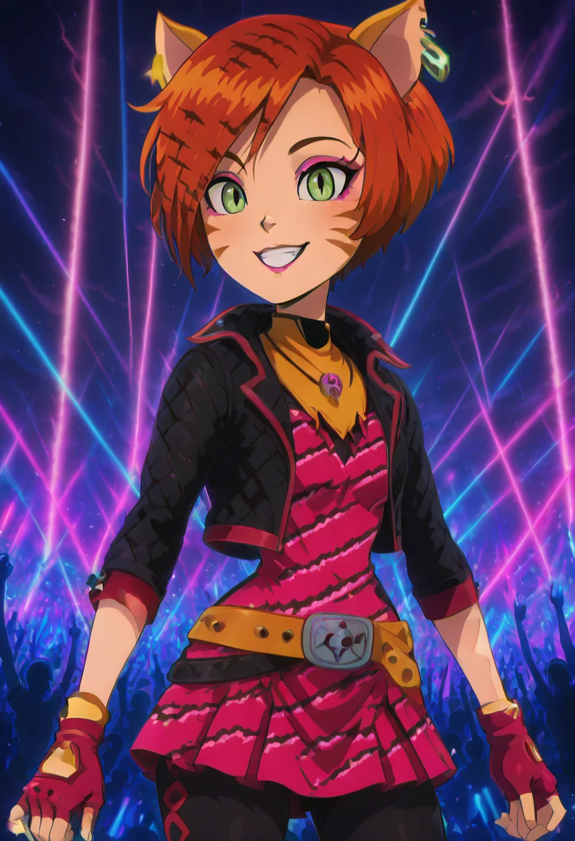 masterpiece, best quality, solo, curvy, beautiful eyes, narrow waist, wide hips, 1girl, solo, smile, looking at viewer, foreshortening, close up, anime screenshot,    ,<lora:ToraleiMH_IXL:1.0>, zzToralei, green eyes, cat ears, tiger ears, hair over one eye, brown hair, multicolored hair, orange hair, red hair, short hair,  whisker markings, facial mark,   makeup, gloves, jewelry, jacket, fingerless gloves, piercing, earrings, animal print, ear piercing, pink dress, black pants, C0utur3Cr4z3, <lora:CoutureCraze_IXL:0.5>,, smile, looking at viewer, L0rd0fTh3R4v3s, solo, <lora:SauronsRaveTower_IXL_v1:1.0>,
