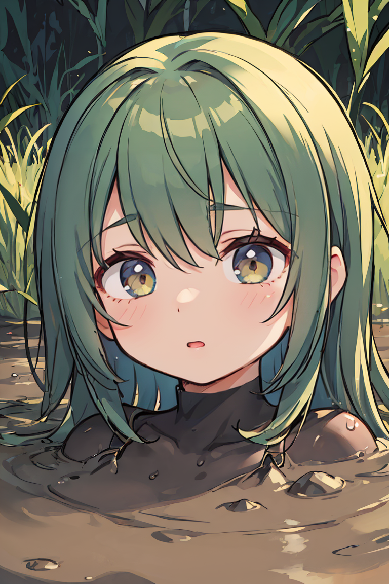 (masterpiece, best quality),1girl, beautiful face, <lora:partially_submerged:1> partially submerged, mud