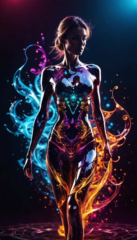 cinematic photo thin, fine fractal glossy vivid [explosion of colors] colored ink sketch shiny contours outlines of a perfect physique female silhouette 
 . 35mm photograph, film, bokeh, professional, 4k, highly detailed