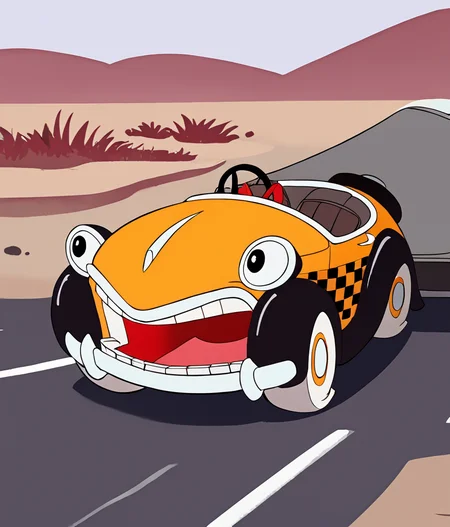 score_8_up, score_7_up, illustration, source_manga, rating_safe, r3tr0XLP ,<lora:r3tr0XLP:0.7>, b3NnyC4b, benny, cartoon car, cartoon taxi, large eyes, headlight eyes, grill mouth, yellow cab, steering wheel, checkered pattern, white tires, flat tires, grit teeth, no driver, <lora:Benny_The_Cab_-_Who_Framed_Roger_Rabbit_1988_-_Pony:0.8>, break,  (on a desert road, :1.2)