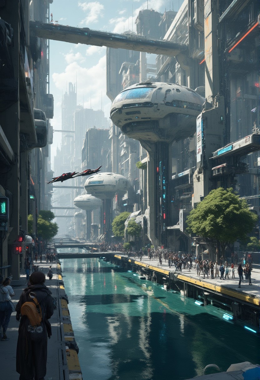 impressionistic oil painting of a canal running through a futuristic sci-fi cityscape, towers and skyscrapers, domes, aircraft, people