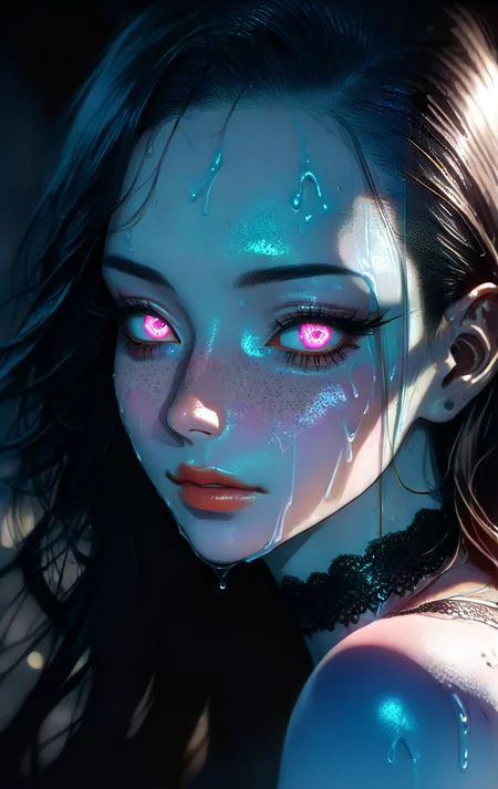 (realism:1.8), (Cel-shading:1.3),
realistic, SFW,
((masterpiece)), 
detailed face, portrait, face focus, Expressiveh, g0thicPXL, glowing, neon, shy happy, ghost sexy girl, sexy ghost, wide hips, gooey, slimy, transparent, in creepy cemetery, starry sky, moon shining, mult13y3, multiple eyes, eyes, SFW,
cute, beautiful, gorgeous, gentle, perfect body, solo, long hair, (long eyelashes:2),perfect hair, streaked hair, black choker, bangs, freckles, striking large eyes, aligned eyes, mirror eyes,
eyeliner, trendy portrait, bare shoulders, tender Aesthetic nose, perfect lips, gorgeous lips, puffy lips, sensual lips, cinematic,
(masterpiece), (best quality), (incredibly detailed:1.4) (beautiful detailed face, beautiful detailed eyes), (ultra-detailed), very aesthetic, illustration, perfect composition, intricate details, absurdres, detailed skin, clean skin,  pure skin, 
(masterpiece:1.8), (highest detailed:1.8), (angle:0.9), perfectly lighted, (contrast), (saturated), (((sharp focus))), (hyperdetailed:1.3), (intricate details:1.2), (Refined details:1.3), (best quality:1.5), highly detailed textures,
<lora:Apparatus_-_Traction_City_Walkers_Vehicles:0.5>,
<lora:add-detail-xl:1> (ultra sharp focus:1.8), (detailed skin:1.8), (best quality:1.8),
<lora:glowneon_xl_v1:0.6>